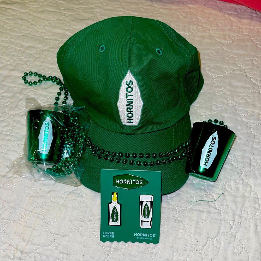 HORNITOS: HAT, PINS, 2 SHOT GLASS BEADED NECKLACES